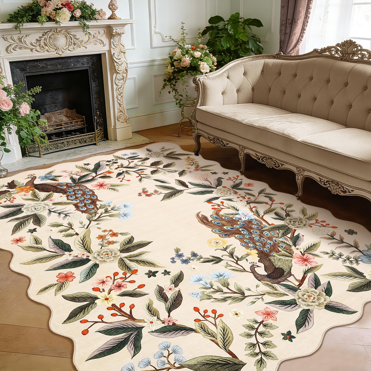 Garvee Scalloped Floral Peacock 8x10 Rug, Washable Large Non Slip Nursery Rugs Indoor Farmhouse Low Pile Area Rug for Bedroom Living Room, Ultra Thin Botanical Home Decor Carpet Mat, Beige