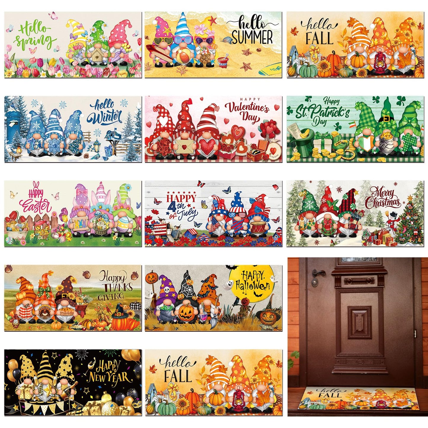 Tinideya 12 Pcs Seasonal Welcome Doormats 10 x 22 Inches Cute Seasonal Summer Independence Day Fall Doormats Decorative Festival Indoor Outdoor Non Slip Mats for All Holidays(Gnome Style)