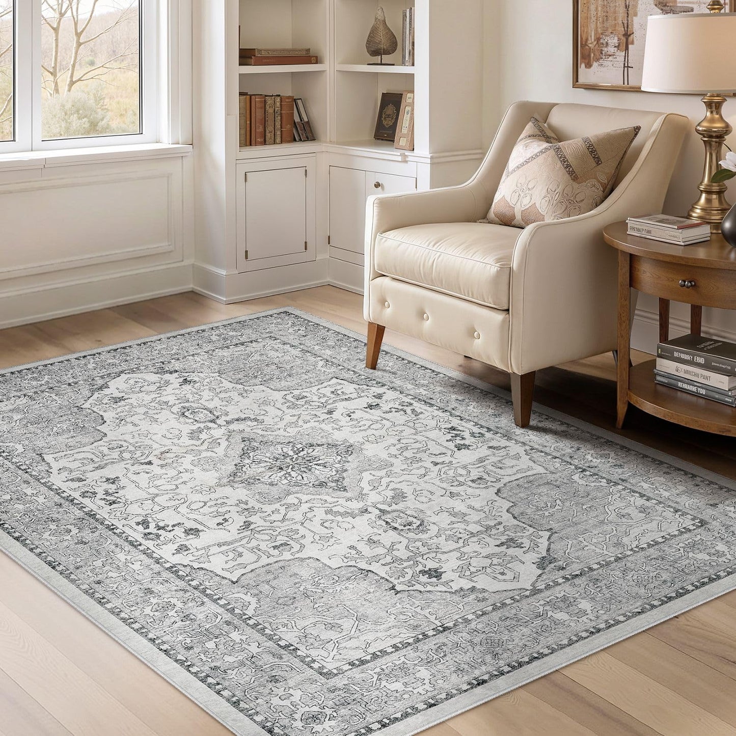 cotiled 4x6 Area Rug Machine Washable Vintage Carpet for Living Room Bedroom Soft Non-Slip Backing Floor Mat Kid & Pet Friendly Stain Resistant Grey