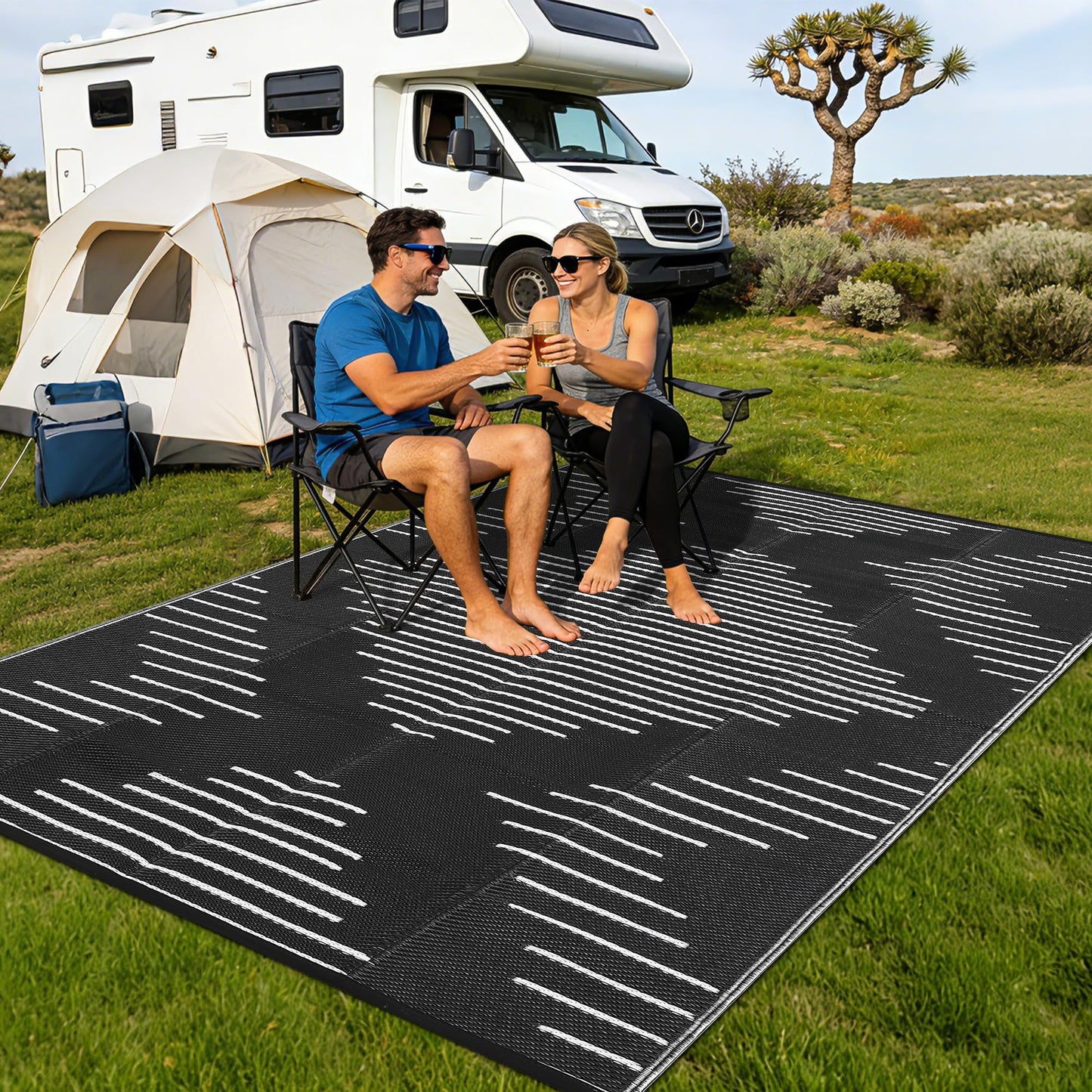 Garvee Waterproof Outdoor Rug 5x8 Rug Plastic Reversible Area Rugs Indoor Outdoor Carpet for Patio RV Porch Balcony Backyard Picnic Black White