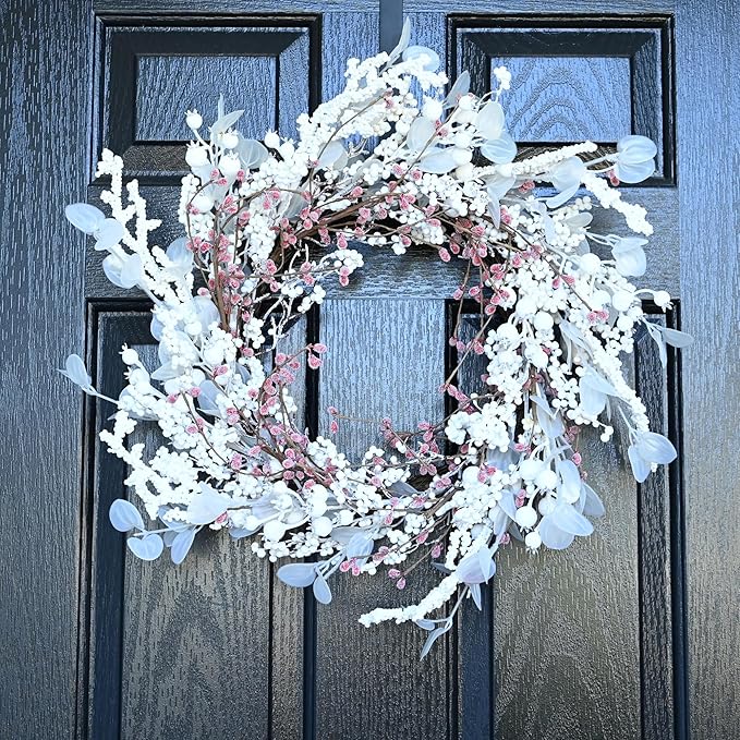 24 inch Winter Wreath for Front Door,Christmas Wreaths Front Door with White Eucalyptus Leaves and White Red Berry Outdoor/Indoor Wall Window Thanksgiving Décor Fireplace Christmas Decorations