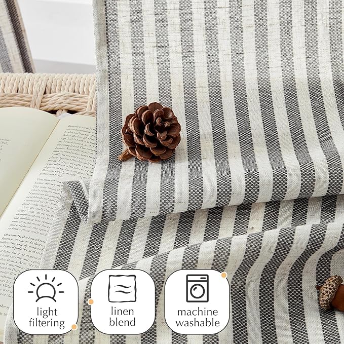jinchan Striped Linen Kitchen Curtains 24 Inches Tier Curtains Farmhouse Modern Cafe Style Small Window Treatments Airy Light Filtering Rod Pocket for Living Room Bathroom 2 Panels Charcoal Grey