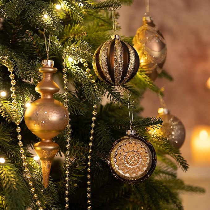 Valery Madelyn Glass Christmas Ornaments Set, 10ct Bronze Copper and Gold Mercury Blown Glass Christmas Tree Ball Decorations, Luxury Xmas Hanging Teardrop Finial Faceted Reflector for Holiday Decor