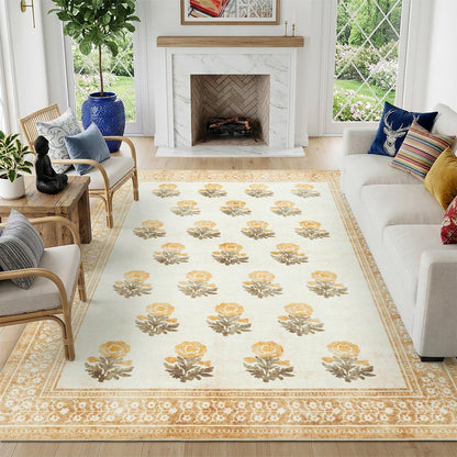 Sparkle Gaze Beige Brown Floral Living Room Rug 5x7 Area Rug - Vintage Washable Rug for Dining Room, Bedroom, Ultra Soft Low Pile Non Slip Stain Resistance Distressed Boho Farmhouse Flower Carpet