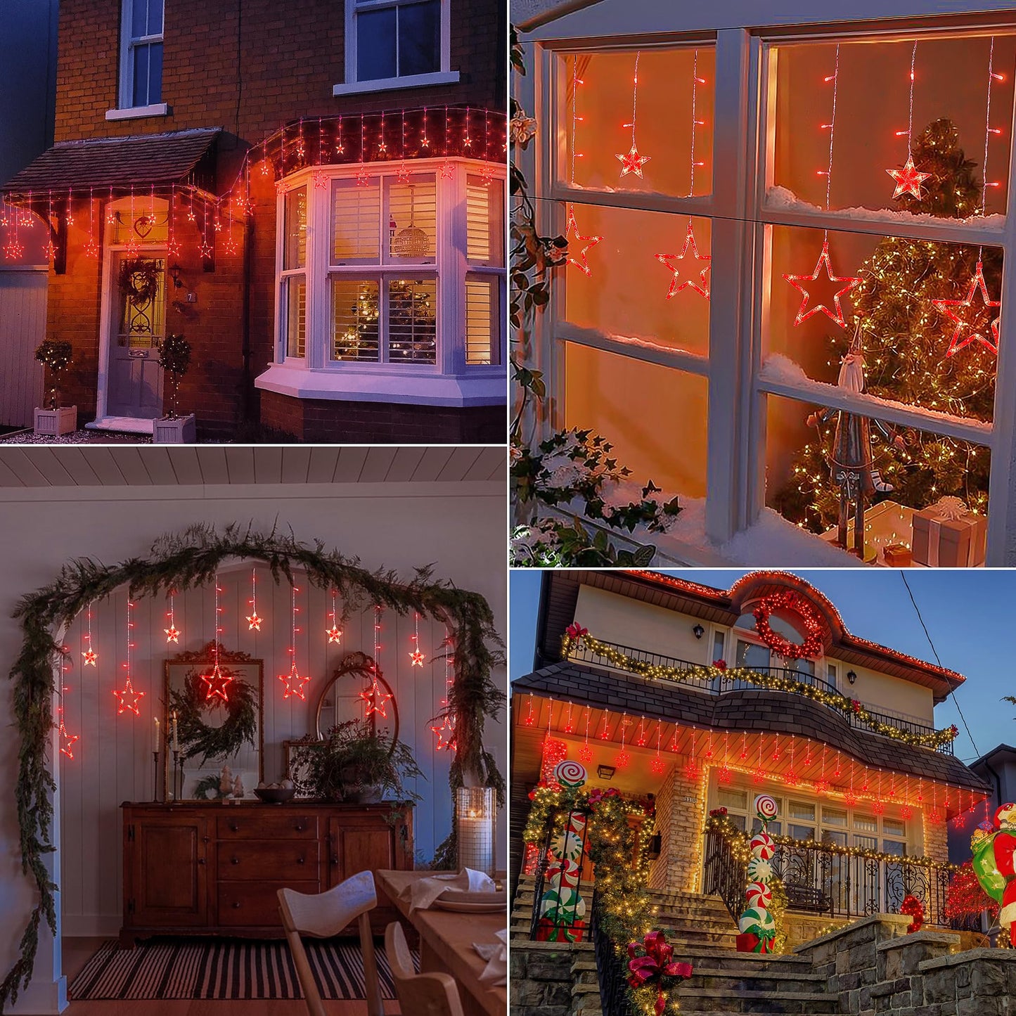 MYGOTO Red Christmas Star Icicle Lights,8.2FT 126LED Curtain String 8 Modes Memory Timer,Connectable Plug in Waterproof for Halloween/Valentine's Day/Patio/Wedding/Party/Xmas Indoor Outdoor Decor,Red