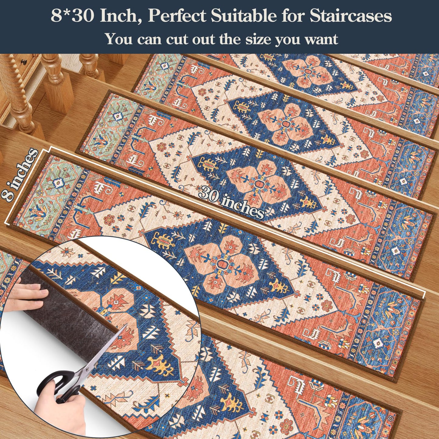 Lahome Stair Treads Non Slip 15 Pack 8" X 30" Stair Treads for Wooden Steps, Washable Self Adhesive Stair Runners Stain Resistant Stair Carpet, Edging Stair Rug for Kids, Elders and Dogs Dorie, Rust