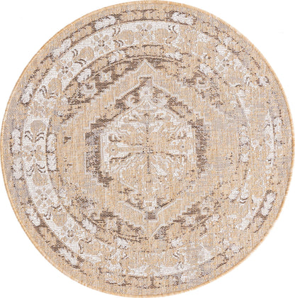 Rugs.com Outdoor Traditional Collection Rug – 4 Ft Round Natural Flatweave-Pile Rug Perfect for Kitchens, Dining Rooms