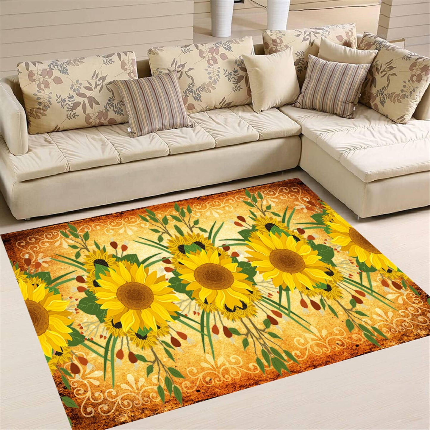 AOESELN Yellow Sunflower Area Rug,3x5ft Farmhouse Country Floral Rug, Non-Slip Washable Low Pile Soft Indoor Rug for Living Room, Bedroom, Dining Room, Office, Study, Kitchen