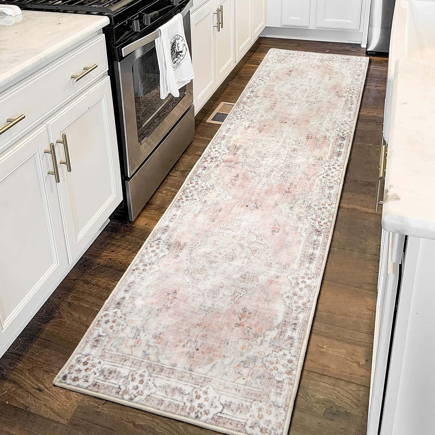 MUJOO Hallway Runner Rug 2'x8' Pink Long Rug Runners Boho Machine Washable Non Slip Carpet for Entryway Kitchen Bathroom Bedside Retro Soft Low-Pile Blossom