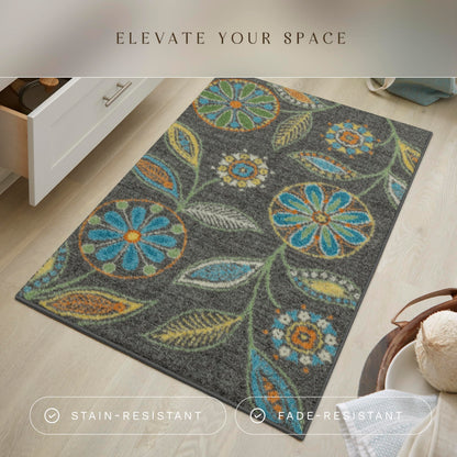 Maples Rugs Reggie Floral Kitchen Rug - Made in USA - Washable, Non Slip Indoor Carpet for Entryway, Foyer, Kitchen, and Bathroom, 2'6 x 3'10, Dark Grey