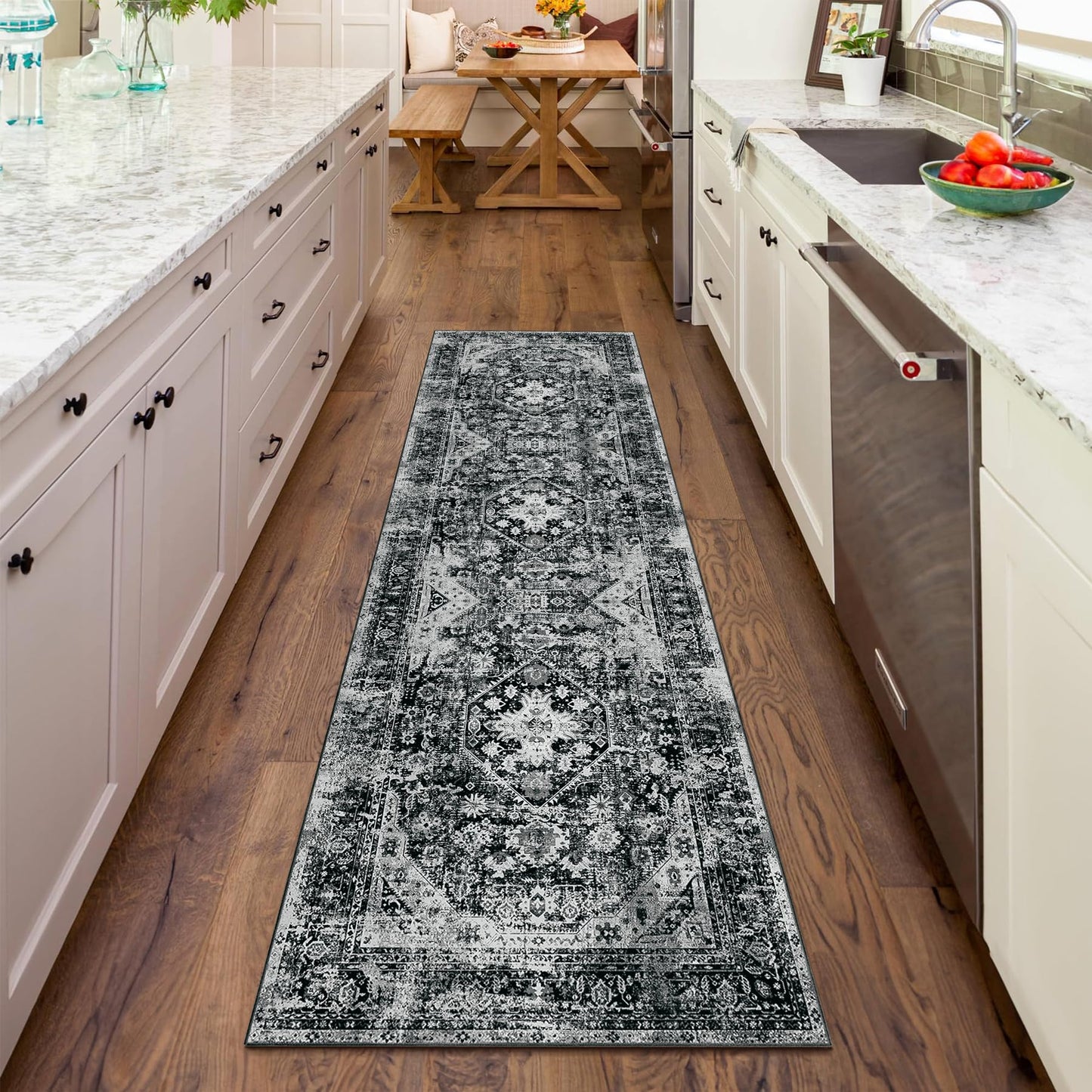 MUJOO Black Runner Rug,Washable 2x8 Runner Rugs for Hallway Kitchen Bedside Bathroom,Boho Area Rug Carpet Runner Long Non Slip Throw Rug Modern Soft Black and White Floral