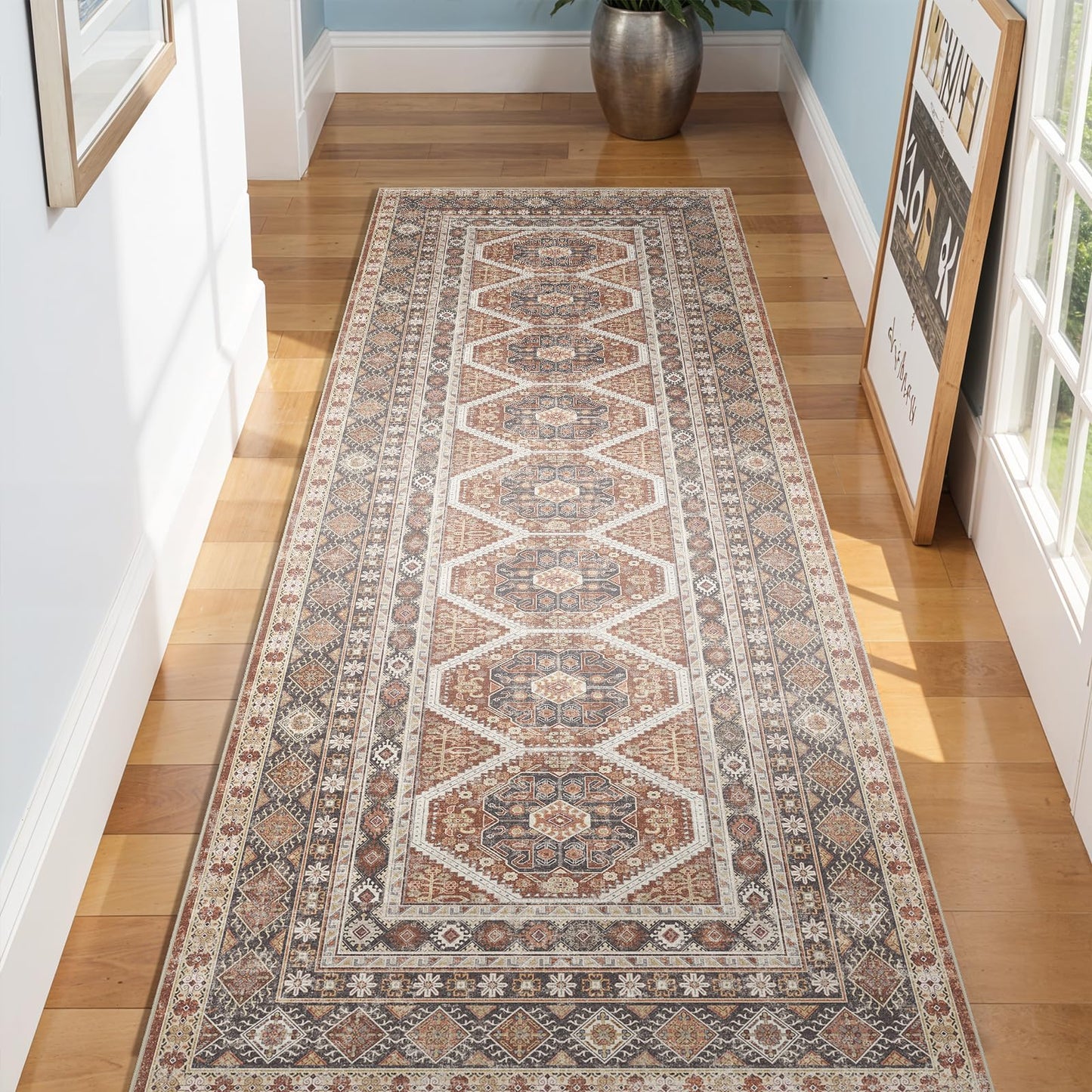 3x8 Runner Rug Kitchen Washable: Oriental Indoor Hallway Runners with Non Slip Backing Floor Mat for Entryway Door Low Pile Thin Carpet for Bedroom Bathroom Living Room Bedside Brick