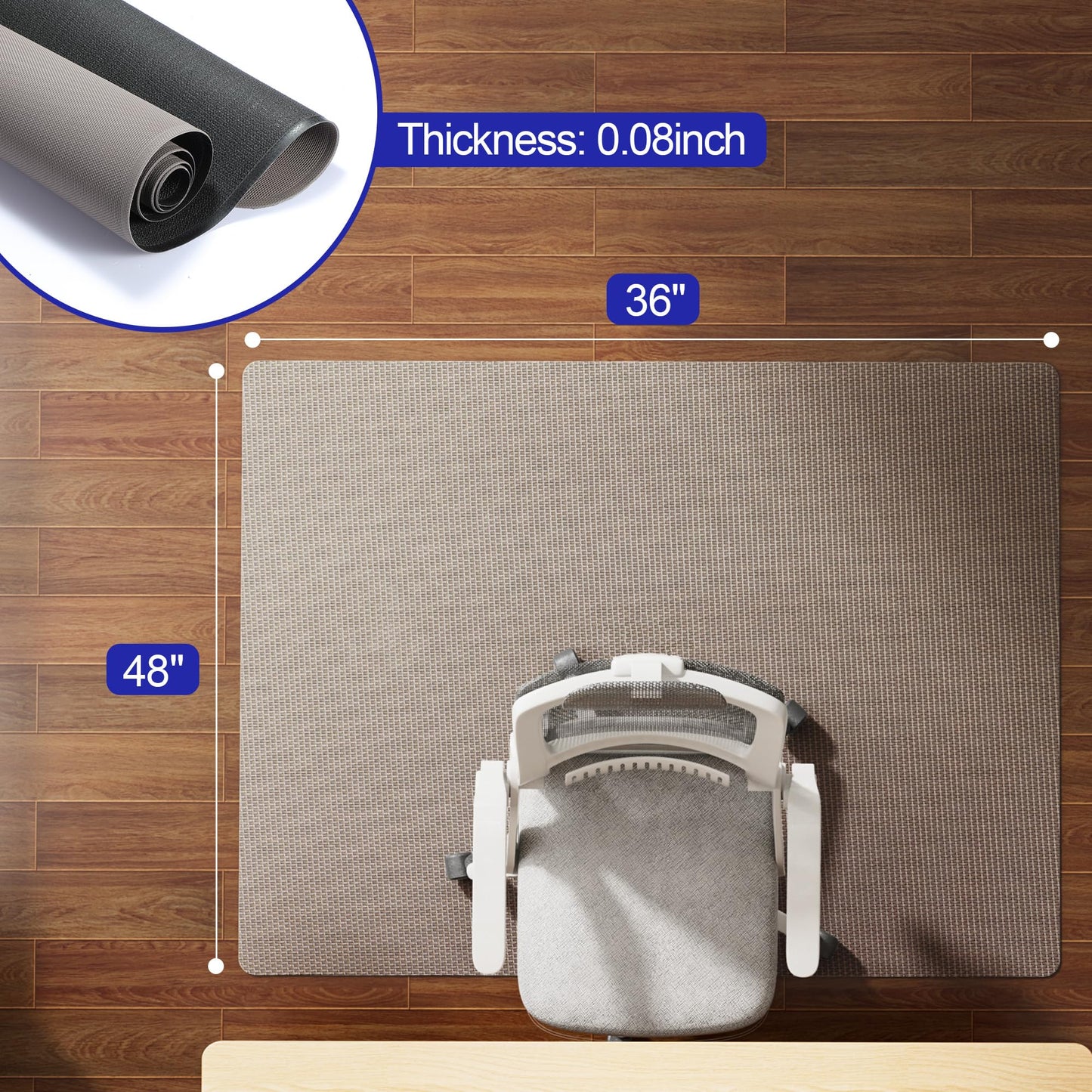 Delamu 36"×48" Office Chair Mat for Hardwood Floor, Heavy Duty Hard Floor Protector for Chairs, Anti-Slip PVC Woven Desk Chair Mat for Home Office, Light Brown