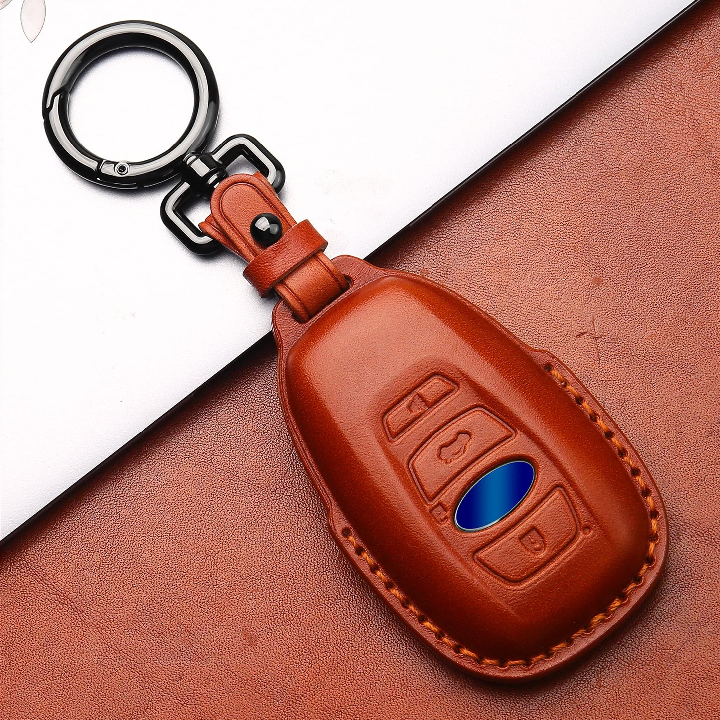 Tukellen Compatible with Subaru Leather Key Fob Cover with Keychain Fit For WRX Outback Ascent Forester Crosstrek Legacy Impreza Smart Remote, Genuine Leather Case-Brown