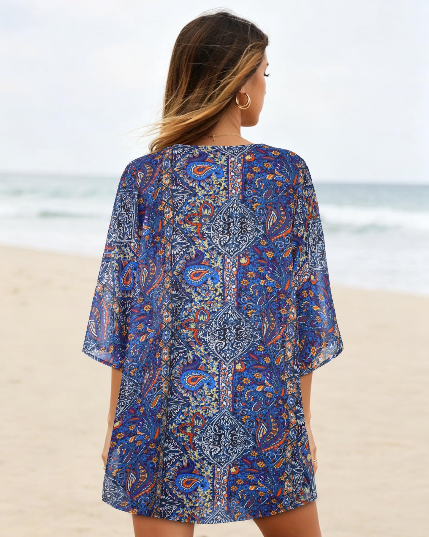 Women's Floral Kimono Print Puff Sleeve Loose Cardigan Cover Up Casual Blouse Tops (Purple Boho, L)