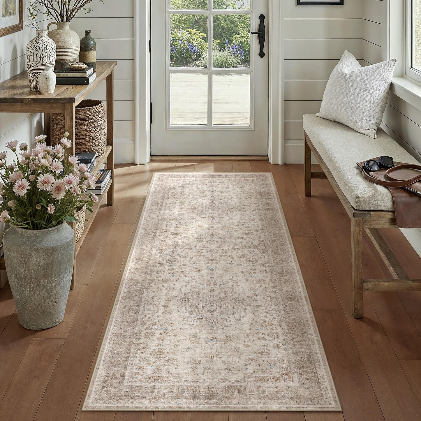 PureCozy Beige 2x6 Runner Rug Washable Hallway Vintage Carpet Low Pile Non Slip Distressed Soft Traditional Retro Oriental Long Accent Throw Rug for Kitchen Bedroom Laundry Bathroom Dining Room