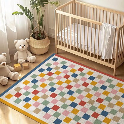 Washable 5x7 Checkered Area Rug for Living Room, Colorful Rainbow Checkerboard Modern Large Rugs, Faux Wool Low Pile Lightweight Indoor Carpet with Non-Slip Backing for Bedroom Kids Nursery Play Room