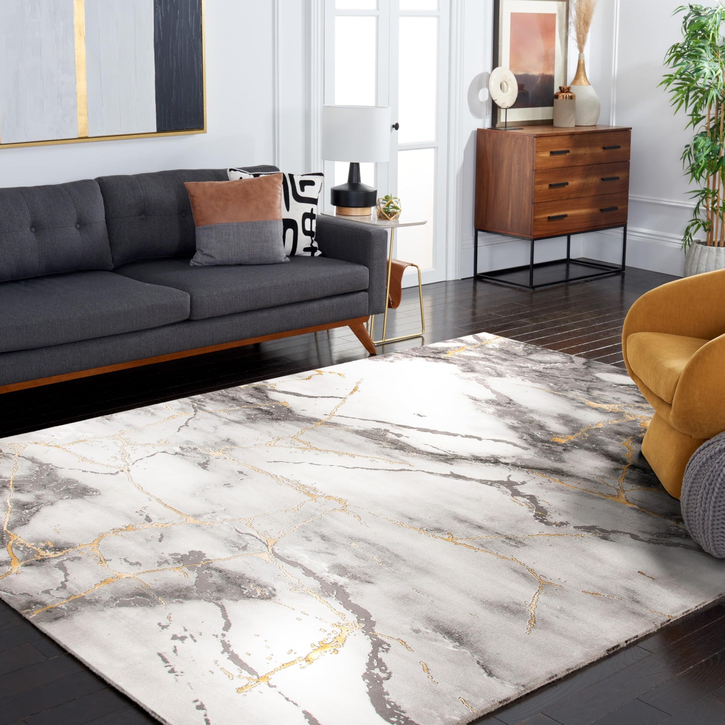 SAFAVIEH Area Rug 8x10 - Craft Collection - Large - Grey & Gold, Modern Abstract Design, Non-Shedding & Easy Cleaning, Ideal for Living Room, Bedroom, Office, Dining Space (CFT877F)