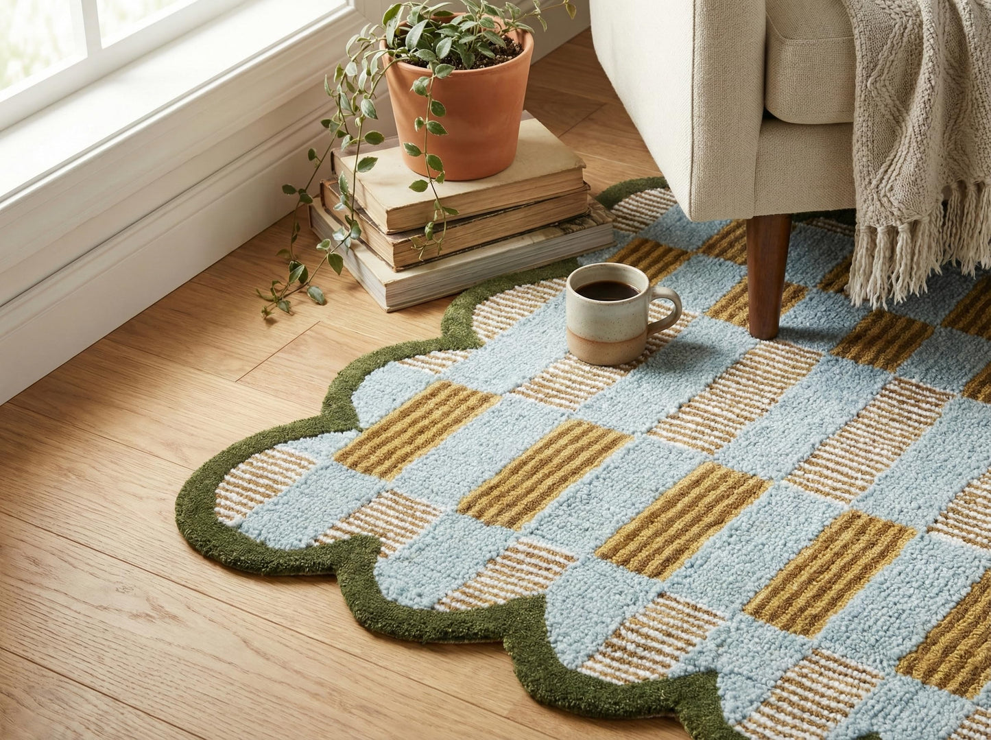 Weaving Village Hand Tufted Wool Rug with Scalloped Edges, Light Blue Plaid Pattern, Soft Area Rug for Living Room, Bedroom, and Nursery, Handmade Modern Accent Rug, Meadow Sky, 2'x3'