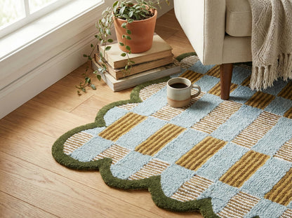 Weaving Village Hand Tufted Wool Rug with Scalloped Edges, Light Blue Plaid Pattern, Soft Area Rug for Living Room, Bedroom, and Nursery, Handmade Modern Accent Rug, Meadow Sky, 2'x3'
