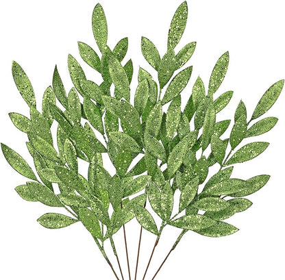 DILATATA 6Pcs Christmas Glitter Leaves Bay Leaves Spray 24" Artificial Green Bay Leaf Picks Sprays Giltter Stems for Halloween Centerpiece Christmas Home Decor Home Decor - Green