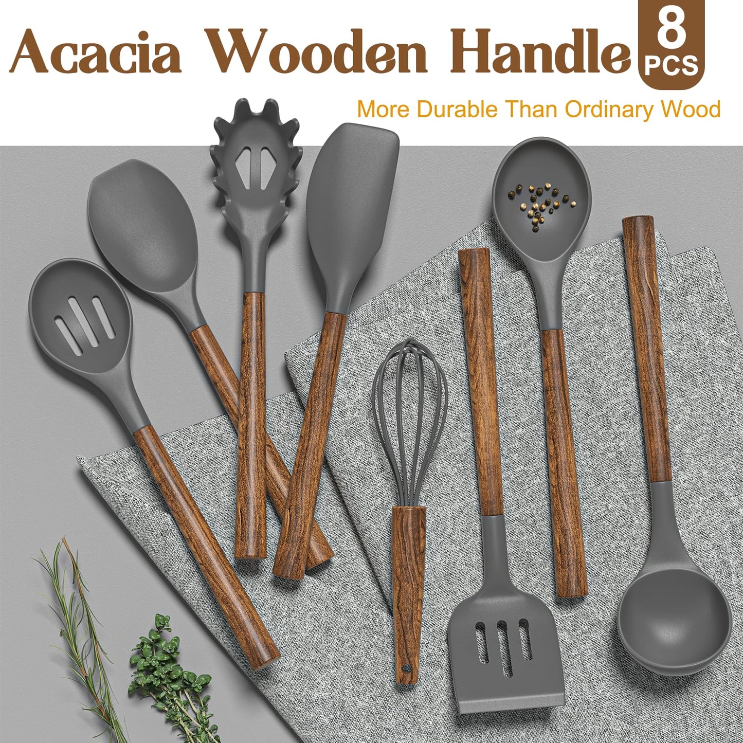 Umite Chef Silicone Cooking Utensil Set, 8-Piece Kitchen Utensils Set with Natural Acacia Wooden Handles,Food-Grade-Silicone Kitchen Gadgets and Spatula Set for Nonstick Cookware - Grey