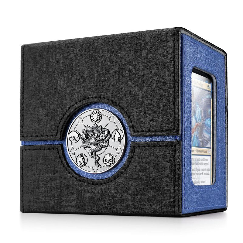 Kabinka MTG Deck Box for Commander with Metal Emblem, Card Deck Box with Dice Tray, Holds 100 Double-Sleeved Cards for TCG/PTCG, Cards Storage Case with 35PT Magnetic Card Holder (Black& Blue, Lotus)