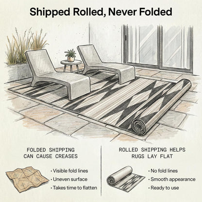 Fab Habitat Outdoor Rug - Waterproof, Fade Resistant, Crease-Free - Premium Recycled Plastic - Geometric Tribal - Patio, Deck, Porch, Balcony, Laundry Room - Cairo - Natural & Black - 4 x 6 ft