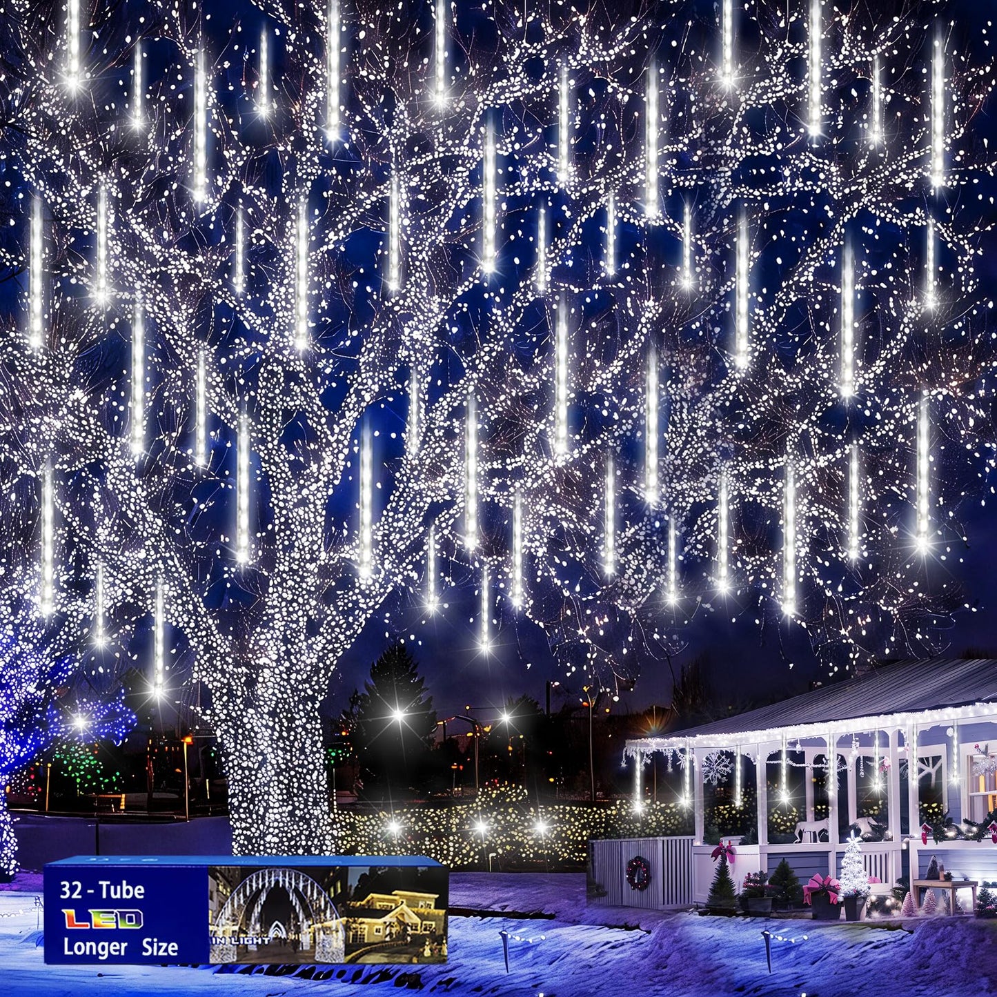 Christmas Decoration Outdoors- 32 Tubes (Equivalent to 4 Sets of 8-Tubes) Meteor Shower Rain Lights, White Falling Rain Lights for Christmas Decor Xmas Tree Halloween Yard Wedding Party, UL Plug