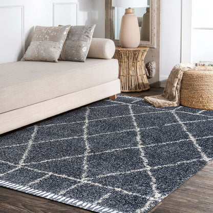 JONATHAN Y Mercer Shag Plush Tassel Blue/Cream Indoor Area Rug, 8x10, Moroccan Geometric Trellis, Easy-Cleaning for Living Room, Bedroom, Kitchen, Pet Friendly, Non-Shedding (MCR101A-8)