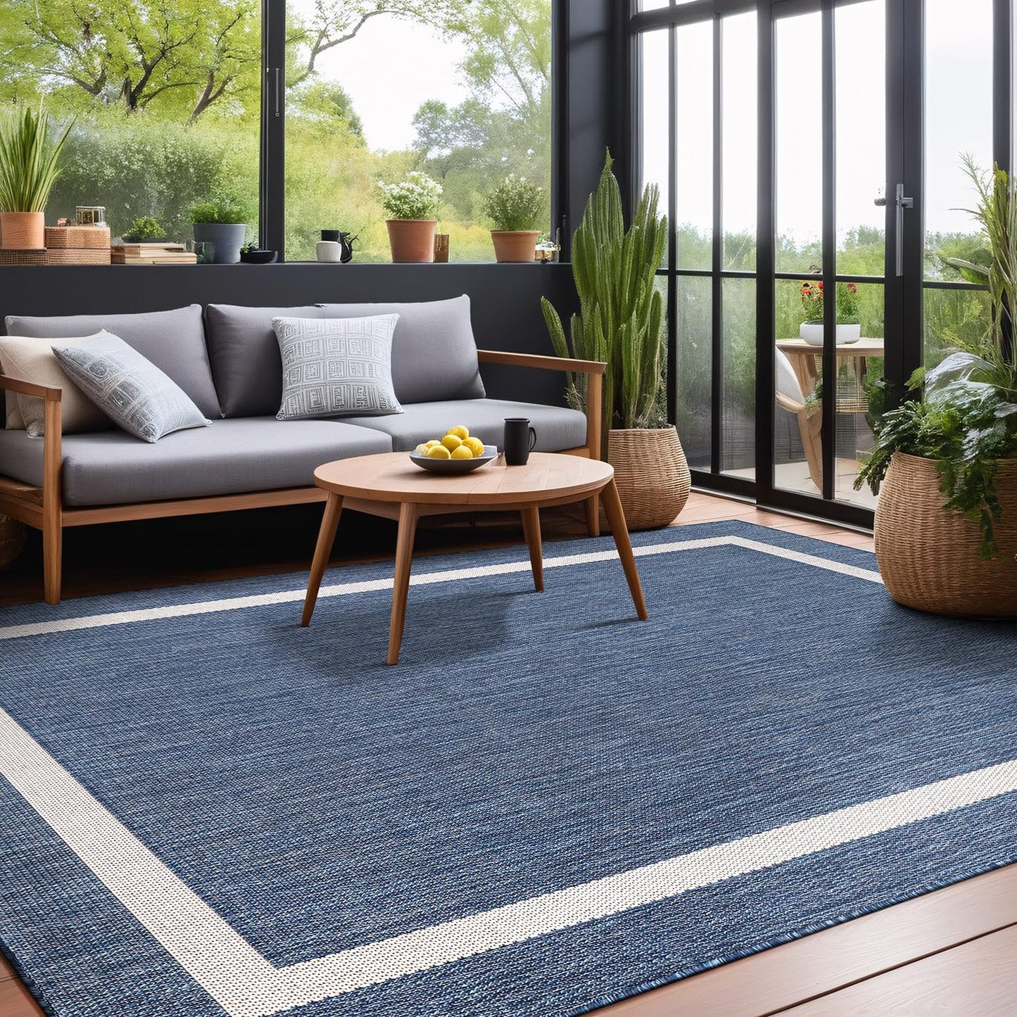 Luul Home Bordered Outdoor Rug 6x9 Washable Outside Carpet for Indoor Patio Porch Waterproof Easy Cleaning Non Shedding Area Rugs Blue 6 x 9