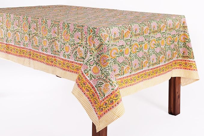 ATOSII Clover Green 100% Cotton Rectangle Boho Fall Tablecloth, Handblock Floral Table Cloth Linen for Kitchen Dining I Parties Wedding Outdoors Picnics I 72 X 120 Inches I 10 Seater