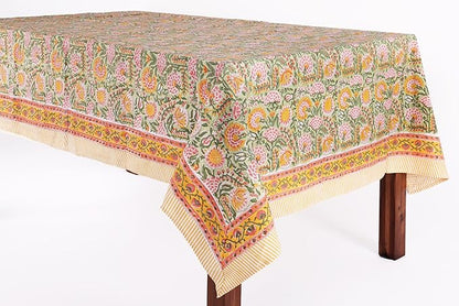 ATOSII Clover Green 100% Cotton Rectangle Boho Fall Tablecloth, Handblock Floral Table Cloth Linen for Kitchen Dining I Parties Wedding Outdoors Christmas Thanksgiving I 72 X 140 Inches I 12 Seater