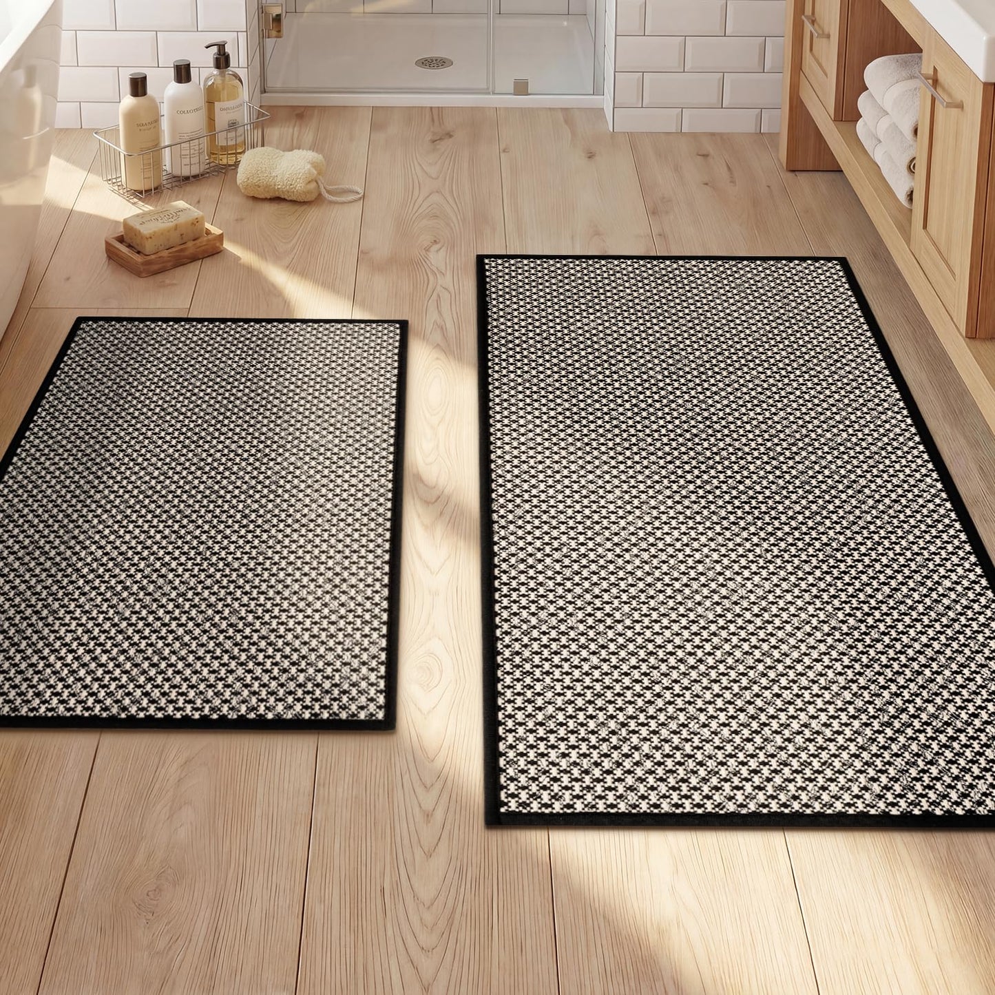 YIHOUSE Thin Bath Mat Black Bathroom Rugs Sets 2 Pieces, Non Slip Absorbent Mats Quick Dry, Woven Rugs Washable, Tapetes para Baño for Bathroom Toliet,Bathtub(17"x24"+17"x32")