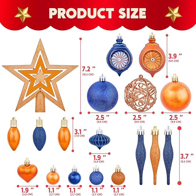 Joiedomi 36 Pcs Blue and Orange Christmas Tree Ornaments with Star Topper and Heart, Shatterproof Christmas Ball Ornaments Set, Assorted Xmas Hanging Decorations for Tree Wreath Garland Holidays