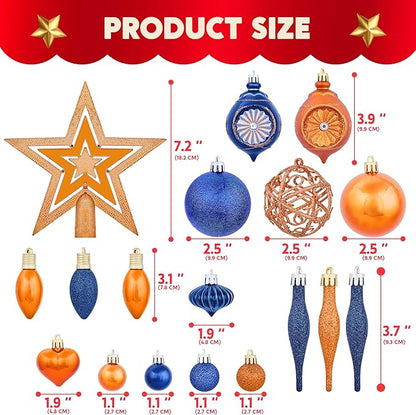 Joiedomi 36 Pcs Blue and Orange Christmas Tree Ornaments with Star Topper and Heart, Shatterproof Christmas Ball Ornaments Set, Assorted Xmas Hanging Decorations for Tree Wreath Garland Holidays