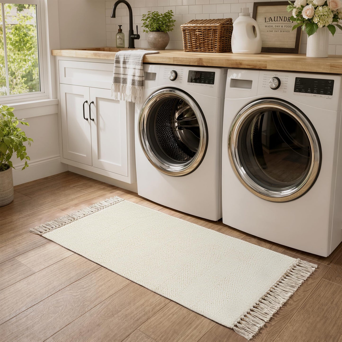 Collive Bathroom Runner Rug, 2' x 5' Modern Farmhouse Kitchen Runner Rug Hand-Woven Entryway Rugs Runners for Hallway, White Boho Washable Laundry Carpet Indoor Front Door Mat for Bedroom Decor