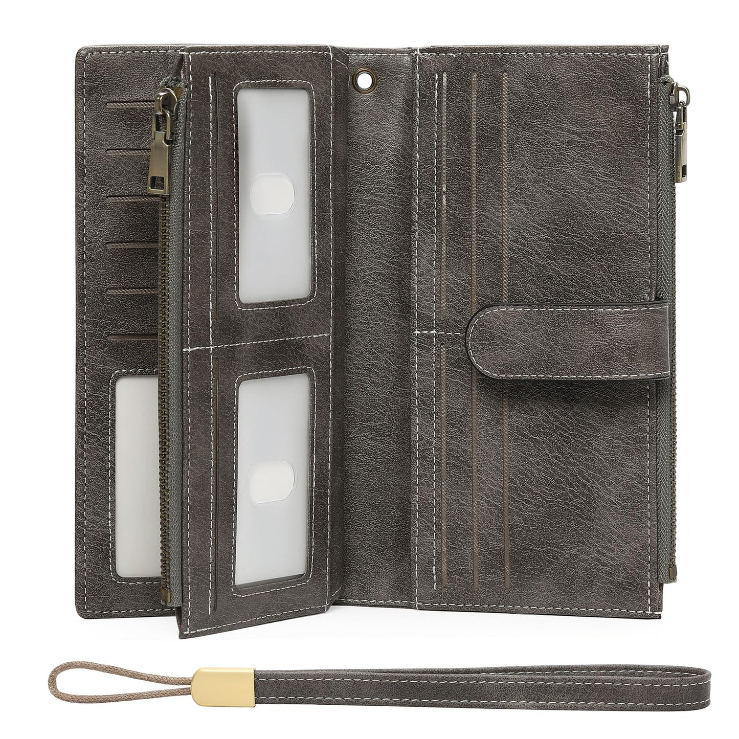 GOIACII Wallet for Women Large Wristlet Purse Trifold Clutch Grey