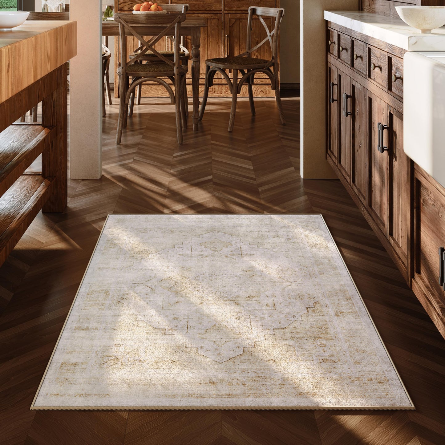 5x7 Washable Vintage Area Rug - Distressed Medallion Rugs Non-Slip Soft Stain Resistant Carpets for Living Room Bedroom Playroom Dining Room Office, Beige