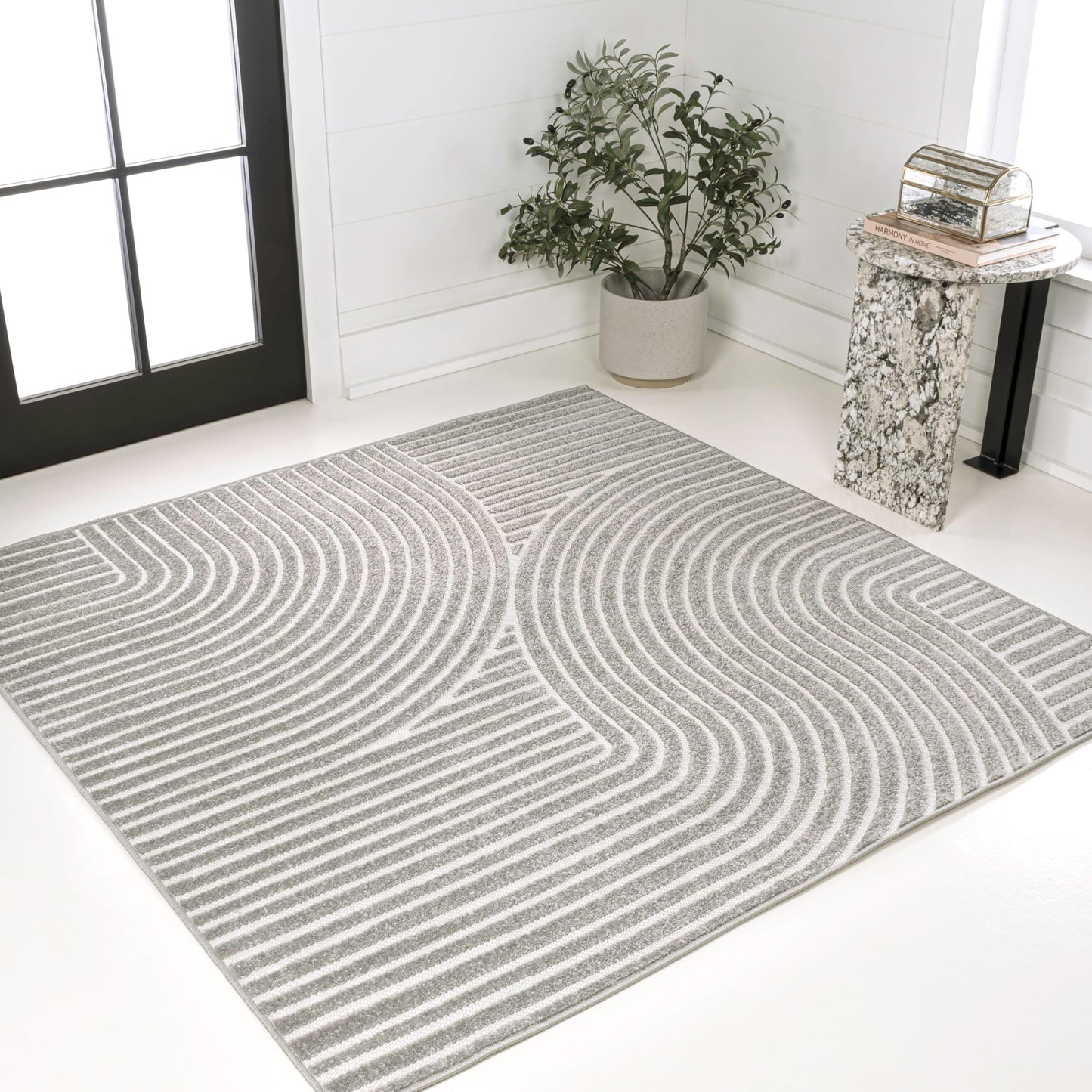 JONATHAN Y Hallie High-Low Curve Gray/Ivory 6x6 Square Indoor/Outdoor Area Rug, Minimalist, Pet Friendly, Non-Shedding, Stain Resistant, Hose-Washable for Backyard, Patio, Porch (SCN100A-6SQ)