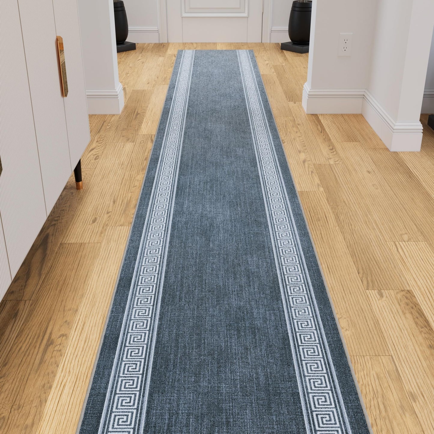 Ottomanson Kitchen Runner Rug 1'10.5" x 6' – Machine Washable Soft Non-Slip Rug, Quick Dry Low Pile Carpet for Kitchen, Bathroom & Entryway, Greek Border Greyish Blue