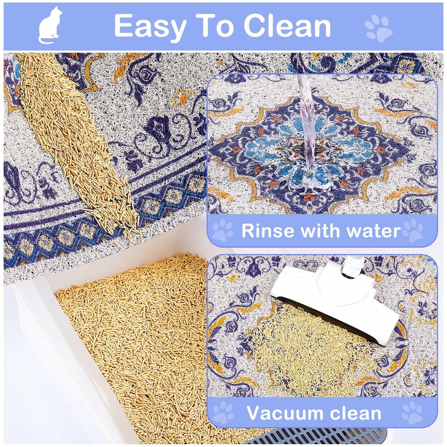 Glittme Cat Litter Mat with Non-Slip Bottom Litter Box Mat 33"X22" Litter Trapping Mat Easy to Clean Washable Cat Food Mat for Kitty,L