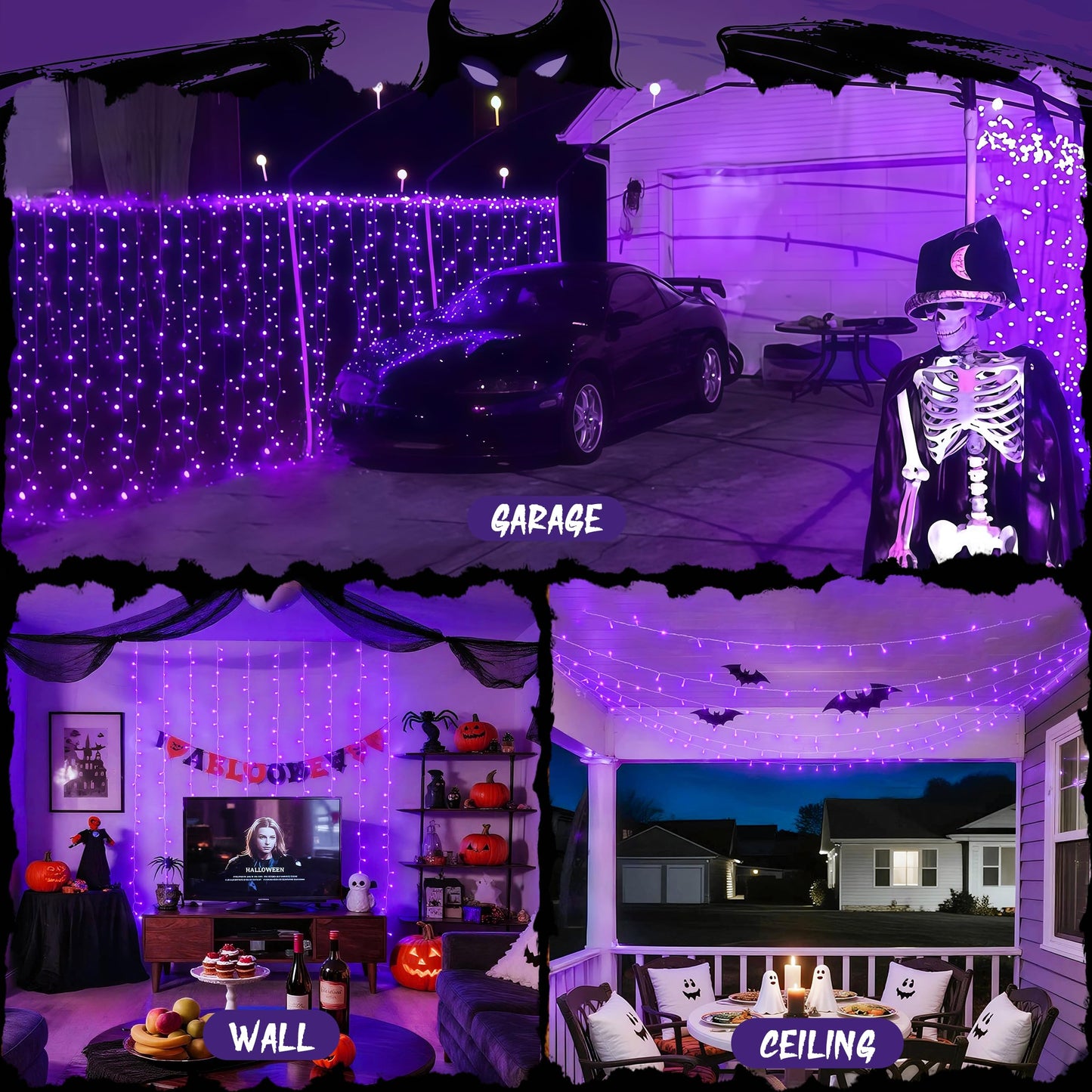 JMEXSUSS 300LED Purple Halloween Lights with Remote, 9.8x9.8ft Curtain Lights Plug in, 8 Modes Hanging String Lights for Indoor, Outdoor, Bedroom, Window, Party, Backdrop, Xmas, Halloween Decorations