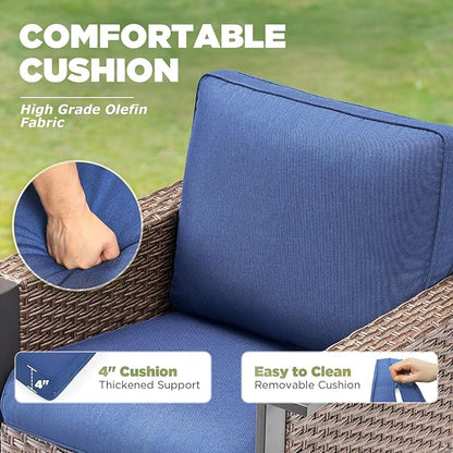 Outdoor Patio Furniture Set Swivel Chairs-8 Pieces All-Weather Wicker 3 Seater Sofa with 2 Ottomans Rattan Side Table, Wicker Sofa Outdoor Furniture for Porch Deck Backyard Brown/Blue