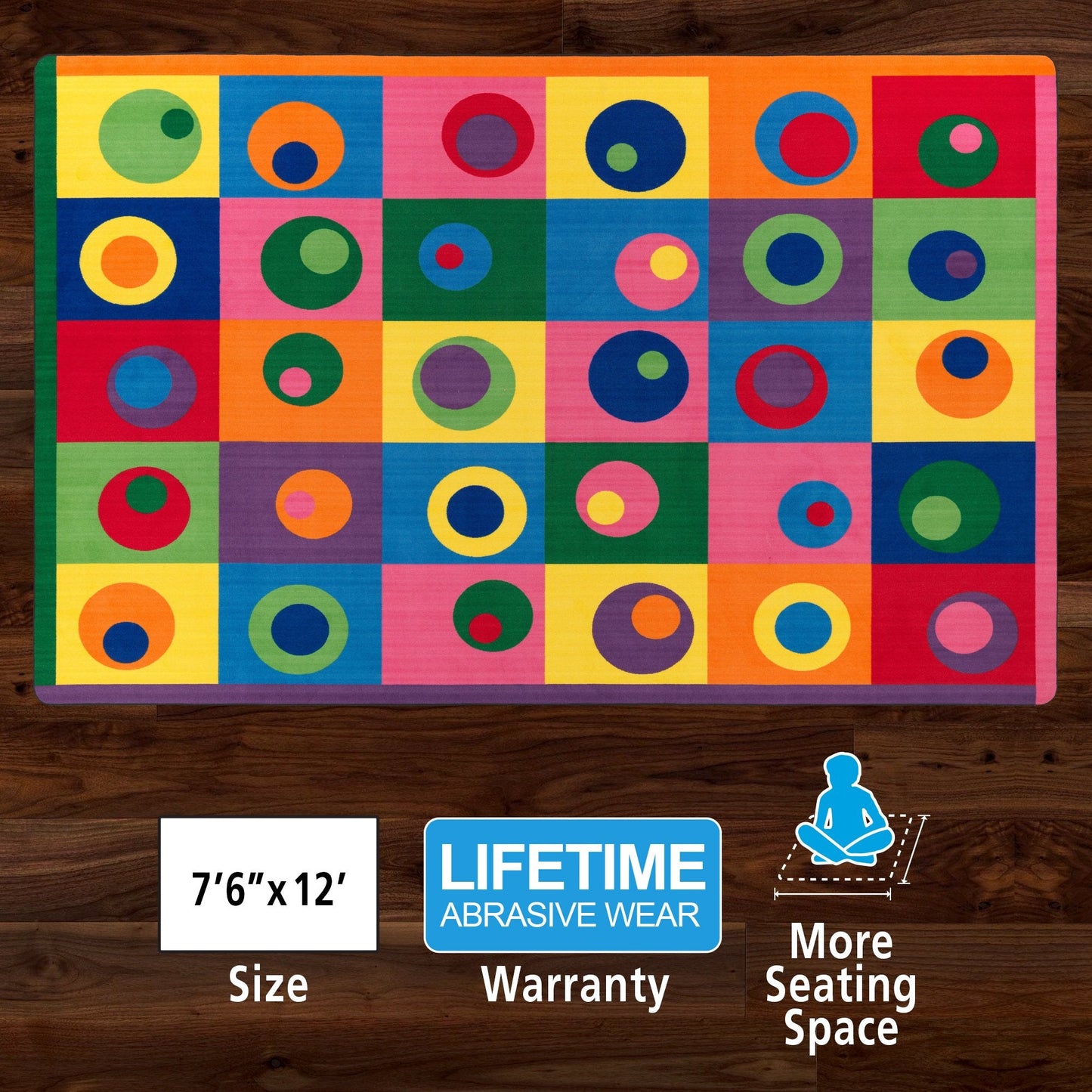 Silly Circles Colorful Abstract Children's Classroom Seating Area Rug for Preschools, Daycares, Libraries and Learning Centers for Teaching and Play, (Seats 30), 7'6" x 12' - Multicolor