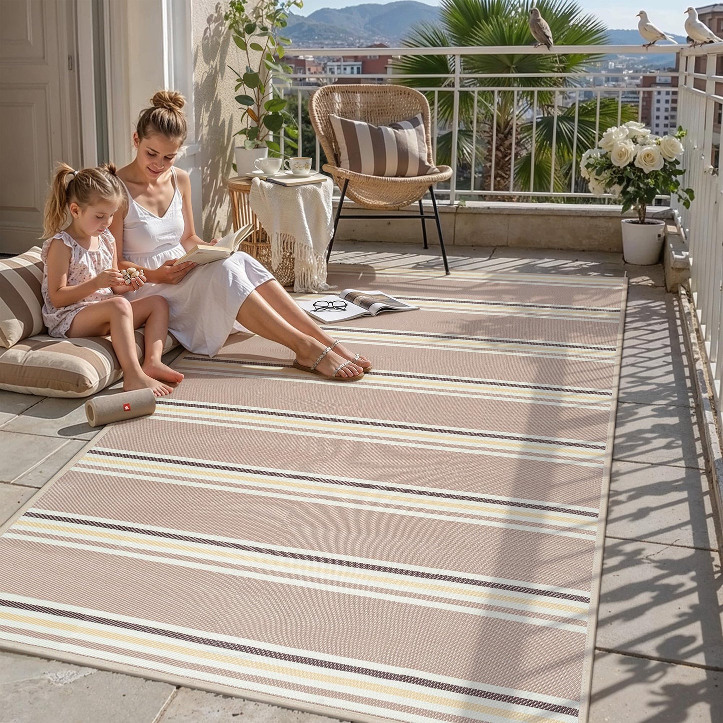 PureCozy Outdoor Waterproof 5x8 Rug for Patio Reversible Plastic Straw Beige Striped Camping Mat Outside Lightweight Large Floor Mat for RV Deck Beach Balcony Picnic Backyard Entry Porch