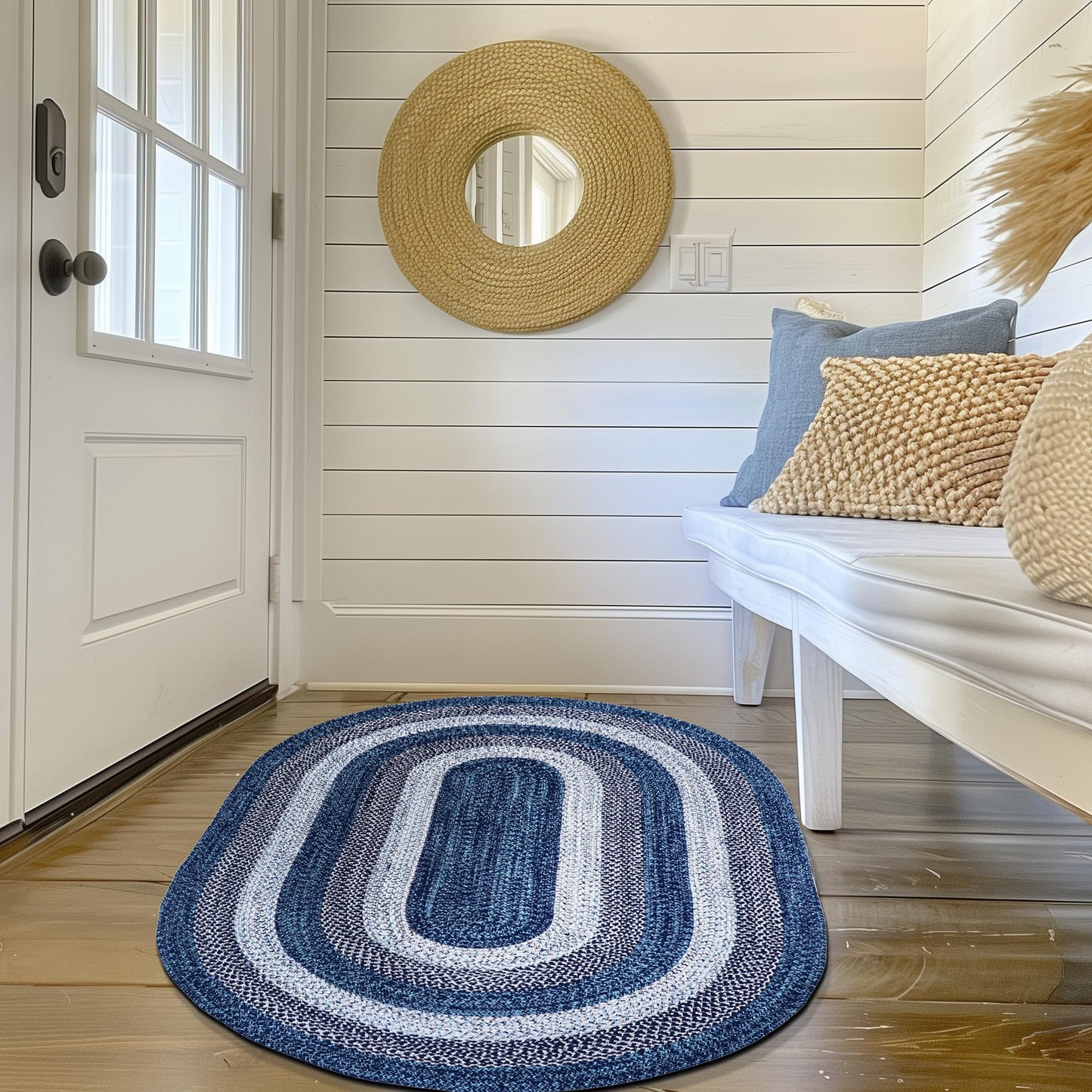 Super Area Rugs Rustic Aqua Blue/White/Black Oval Braided Rug for Entryway/Foyer, Washable Outdoor Rug for Patio/Porch 3' x 5' Oval