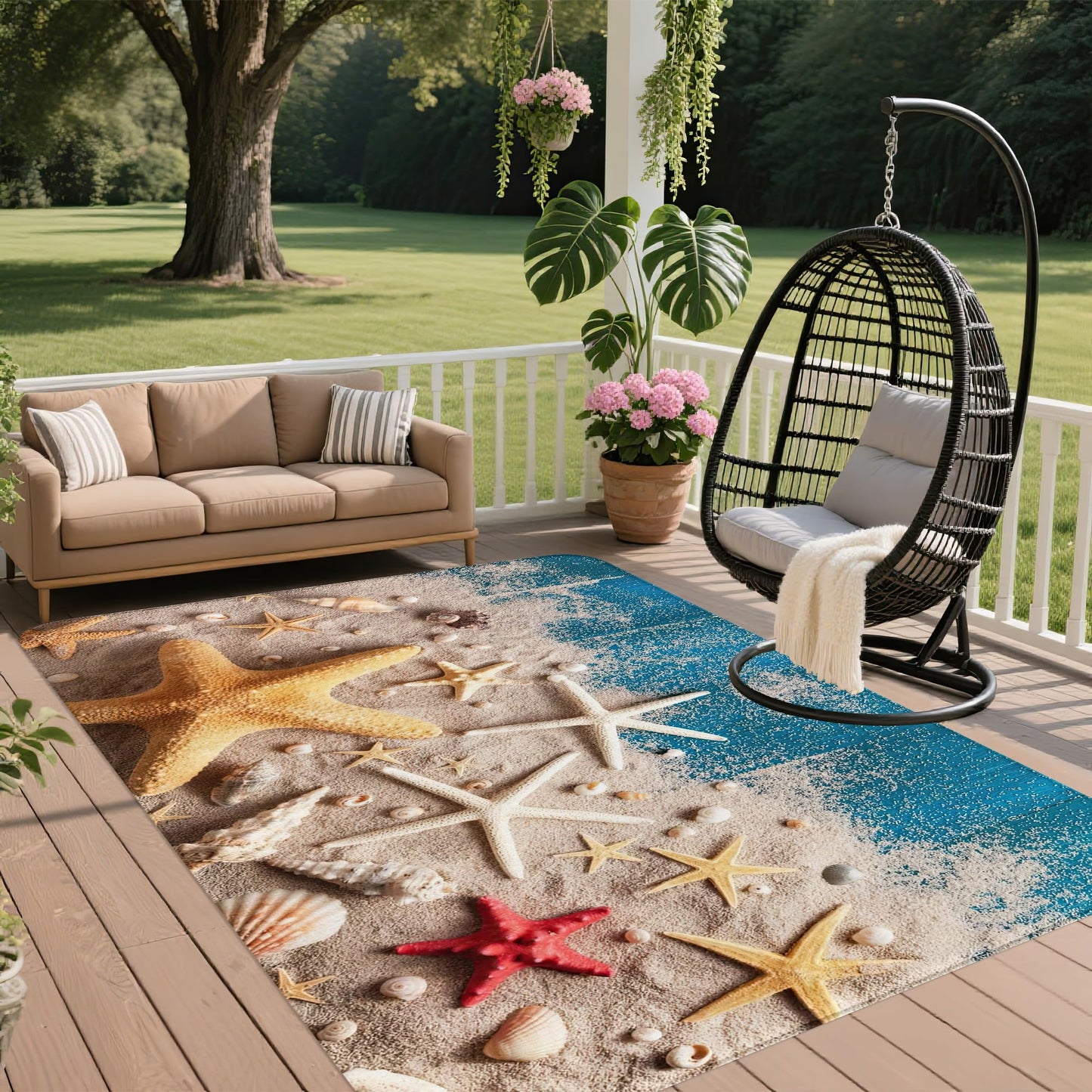 Coastal Beach Area Rugs for Living Room 5x7,Starfish Seashell Bedroom Rug Washable Non-Slip Soft Floor Big Carpets for Dining Room Nursery,Kids Home Decor Aesthetic