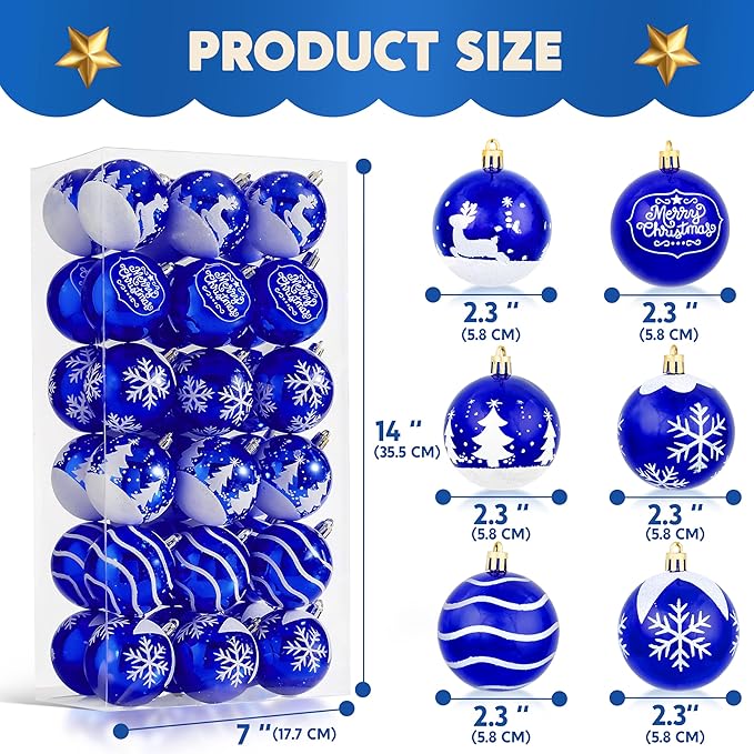 Joiedomi 36 Pcs Blue Christmas Ball Ornaments Set, 2.3" Delicate Painting & Glittering Christmas Tree Ornaments, Shatterproof Xmas Hanging Indoor Decoration for Tree Wreath Holidays Party Supplie
