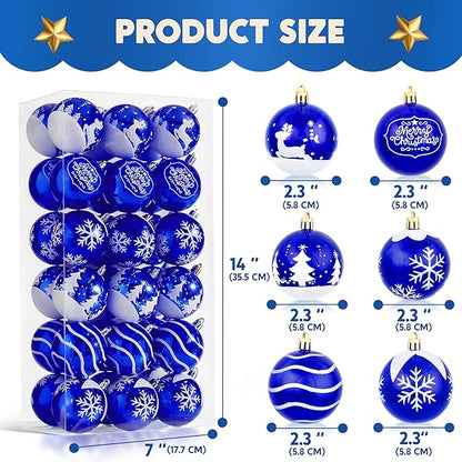 Joiedomi 36 Pcs Blue Christmas Ball Ornaments Set, 2.3" Delicate Painting & Glittering Christmas Tree Ornaments, Shatterproof Xmas Hanging Indoor Decoration for Tree Wreath Holidays Party Supplie